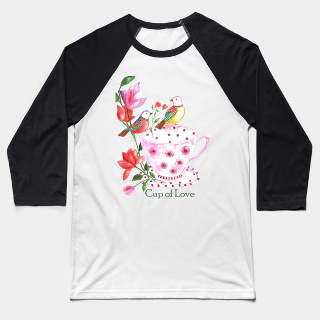 Cup of love, red and yellow birds on a pink floral cup Baseball T-Shirt by LatiendadeAryam